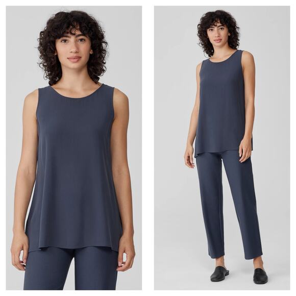 Eileen Fisher Silk Georgette Crepe Ballet Neck Tank Medium Blue Lightweight - Picture 1 of 12